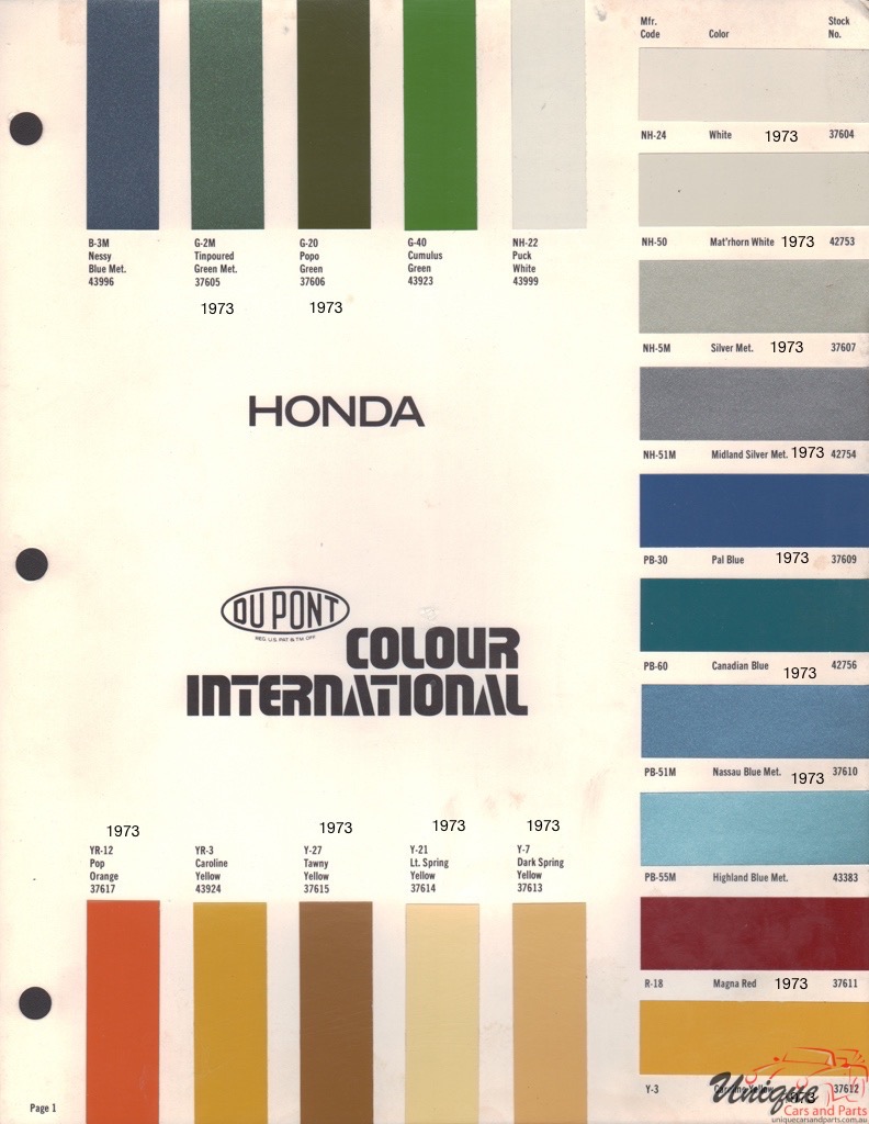 1973 Honda International Paint Charts DuPont 1